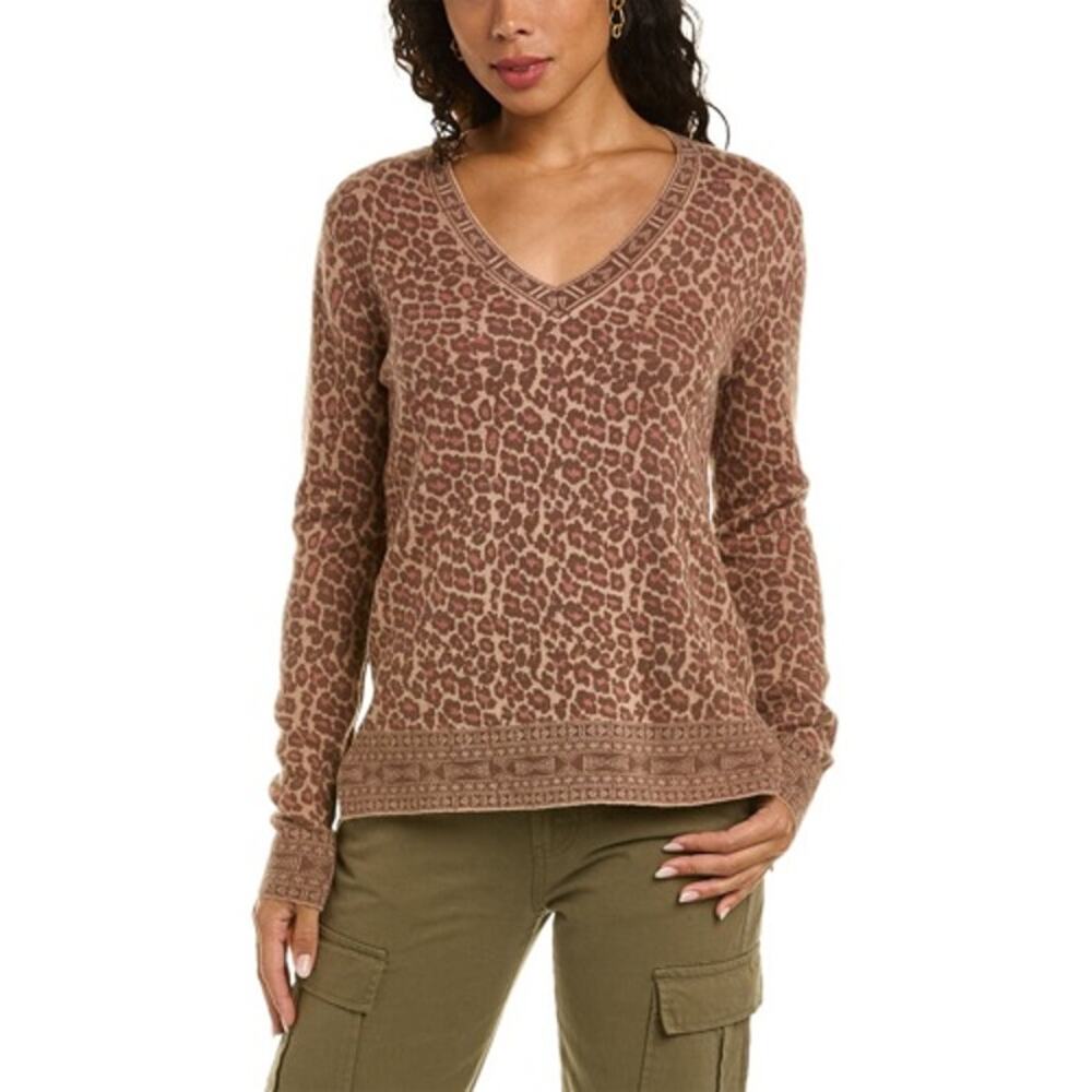Johnny Was Rita Cashmere Wool Leopard Print V Neck Sweater L Boho Luxe Safari